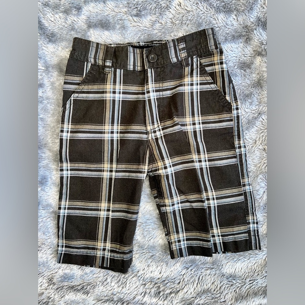 Kids Plaid Shorts in Brown, Light Blue, Tan, and White
